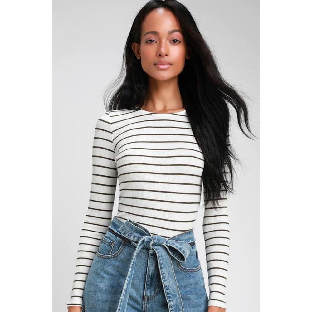 Lulus Basics Sydnee Cream And Olive Green Striped Long Sleeve Top White